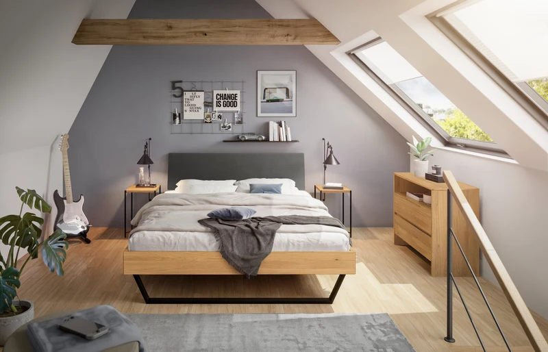 Hasena Bett Ariana Trento Eiche bright mit Metallkufen und Polster-Kopfteil