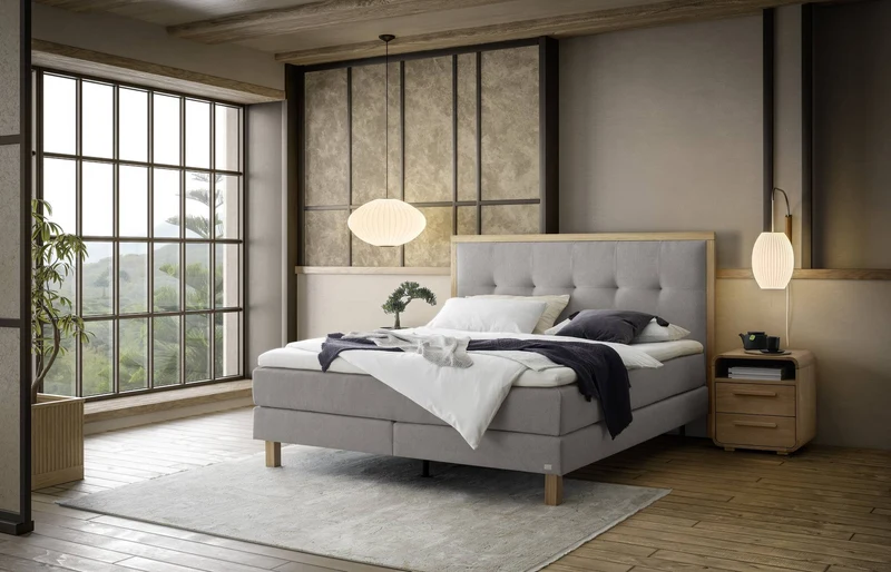 Hasena Boxspringbett Solara Eiche bright mit Topper, Pace light grey