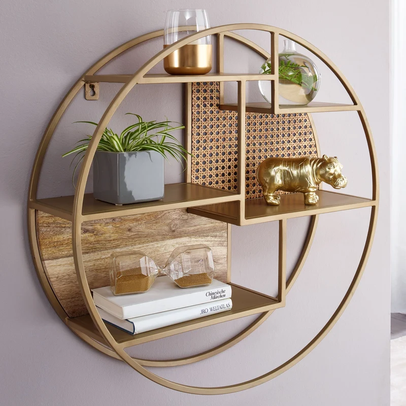 Wandregal Rattan 62x62x17cm Massivholz Metall Industrial Rund