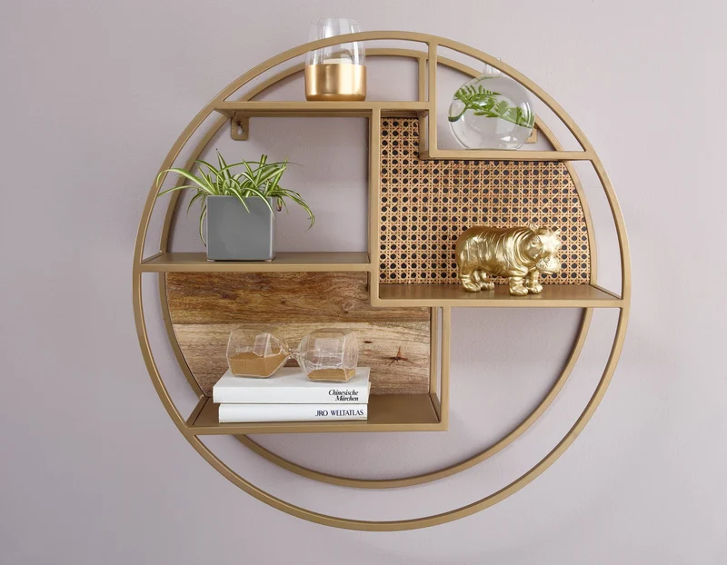 Wandregal Rattan 62x62x17cm Massivholz Metall Industrial Rund