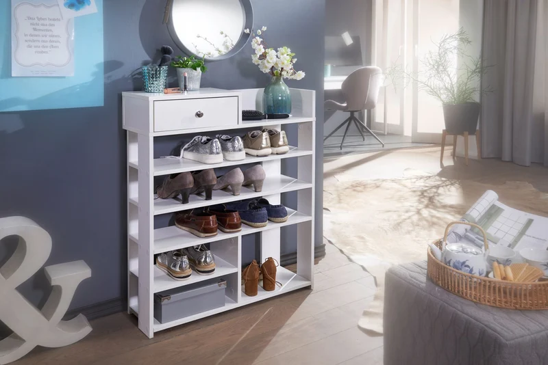 Schuhregal 75x92,5x24cm Weiß 7 Fächer mit Schublade Flurregal