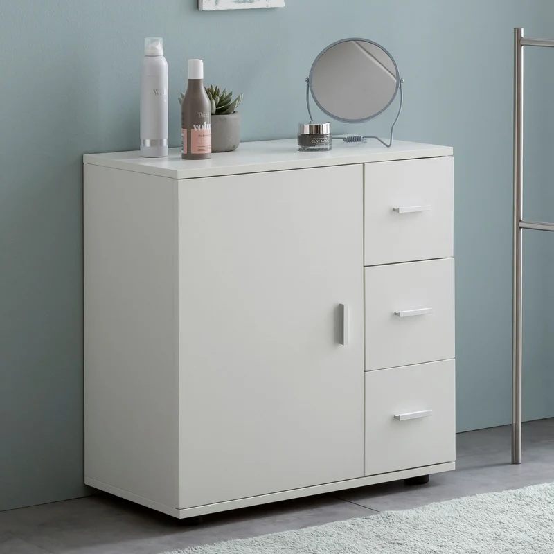 Badschrank WL5.877 Weiß 60x65,5x33cm Tür Schubladen Matt Freistehend
