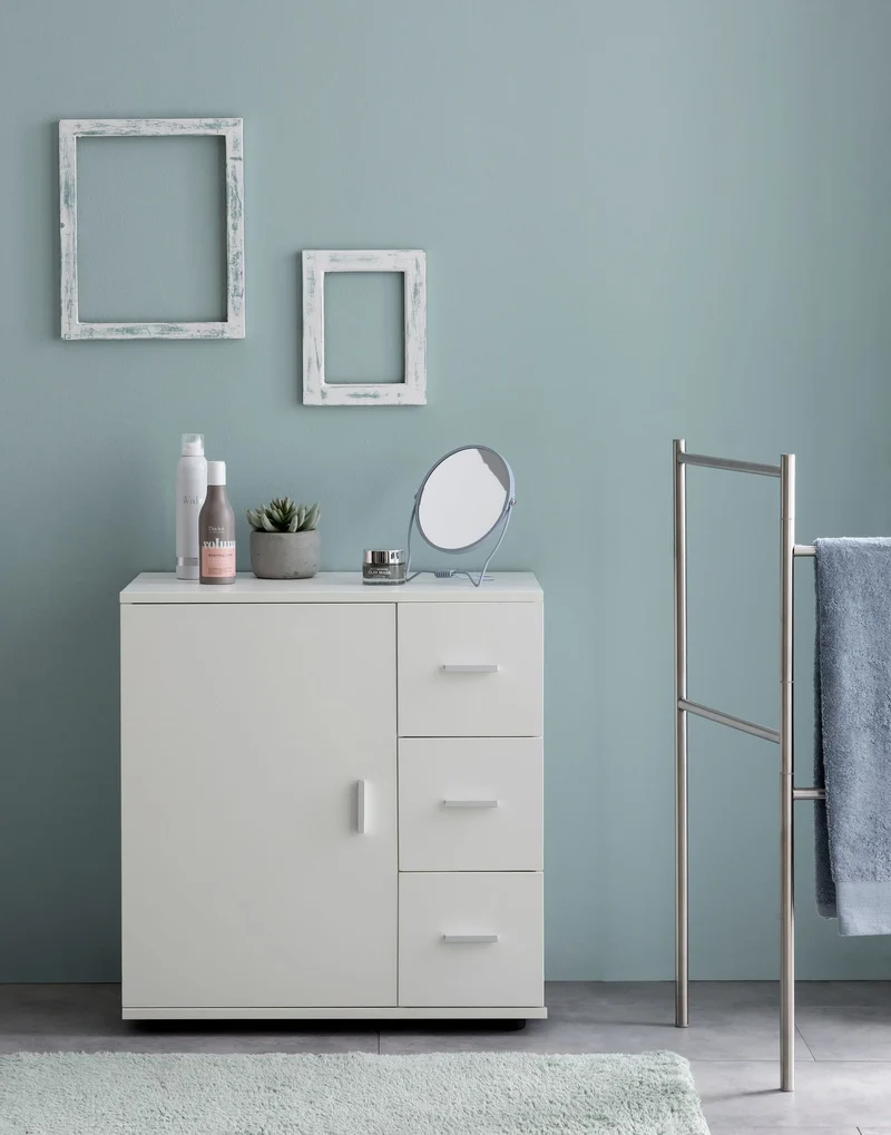 Badschrank WL5.877 Weiß 60x65,5x33cm Tür Schubladen Matt Freistehend