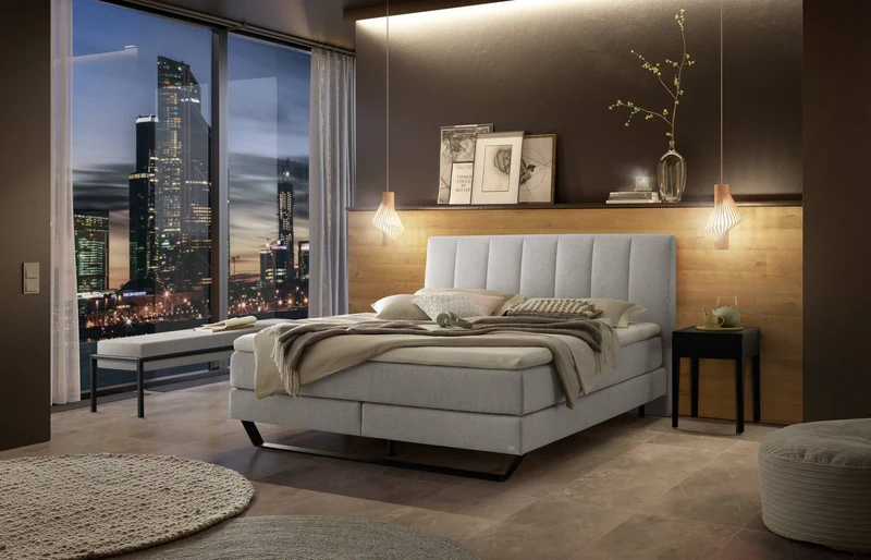 Hasena Boxspringbett Ambra in Pace Light Grey mit Metallkufe und Topper