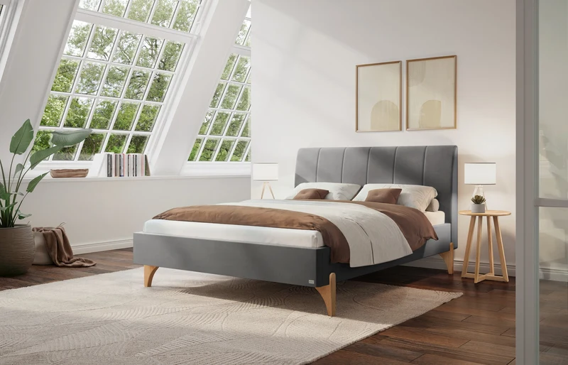 Hasena Renata Polsterbett Eiche bright mit Bezug Monet Steel