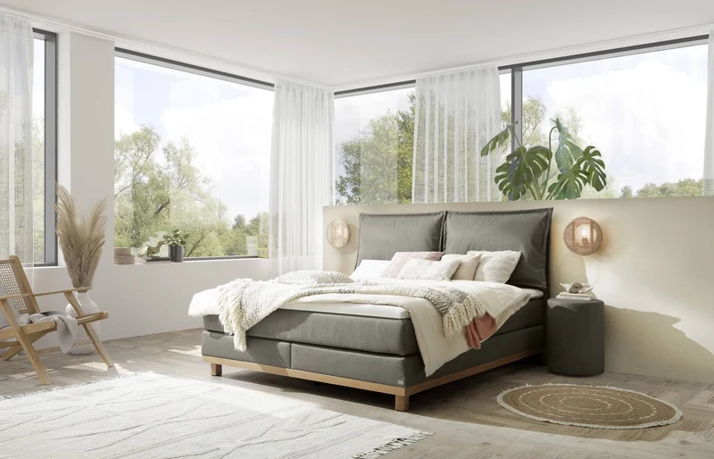 Hasena Boxspringbett Zamora in Eiche bright mit Bezug Monet steel