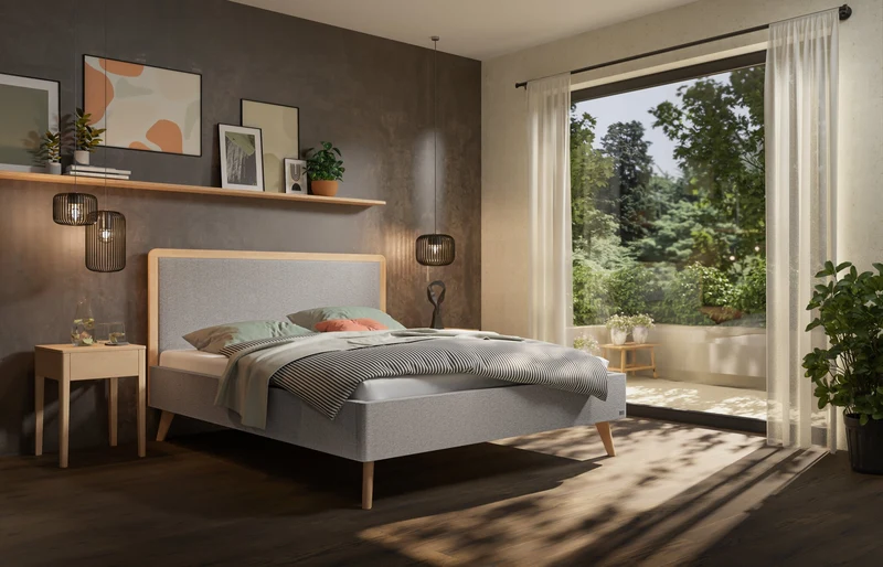 Hasena Polsterbett Reyes in Eiche bright mit Bezug Pace Light Grey
