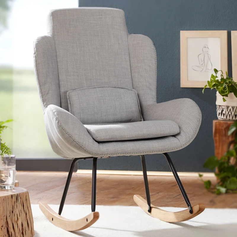 Schaukelstuhl Capri Grau Relaxsessel Stoff Holz Hochlehner Design