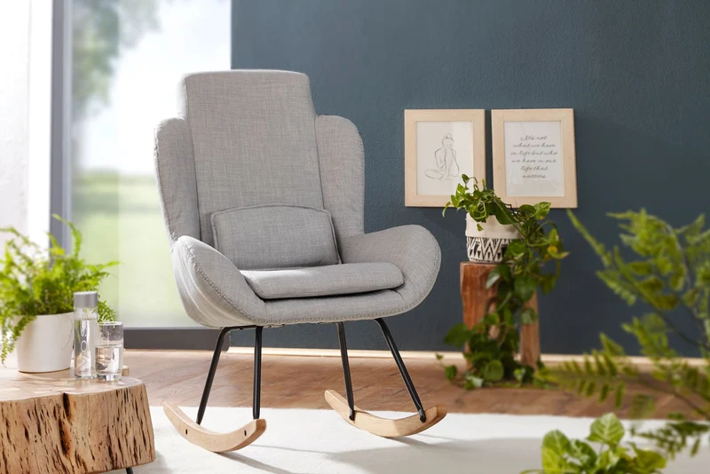 Schaukelstuhl Capri Grau Relaxsessel Stoff Holz Hochlehner Design