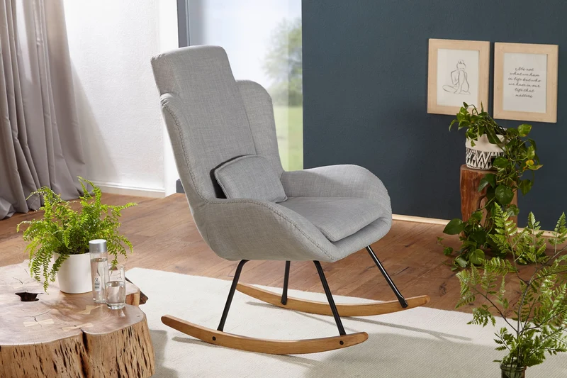 Schaukelstuhl Capri Grau Relaxsessel Stoff Holz Hochlehner Design