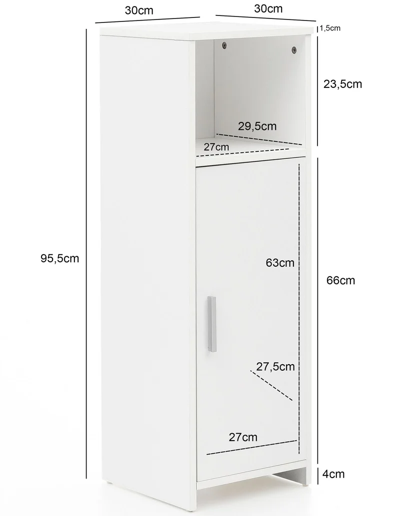 Badschrank 30x95,5x30cm Holz Weiß mit Tür & Ablagefach freistehend