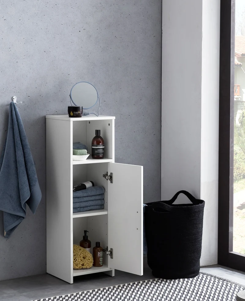 Badschrank 30x95,5x30cm Holz Weiß mit Tür & Ablagefach freistehend