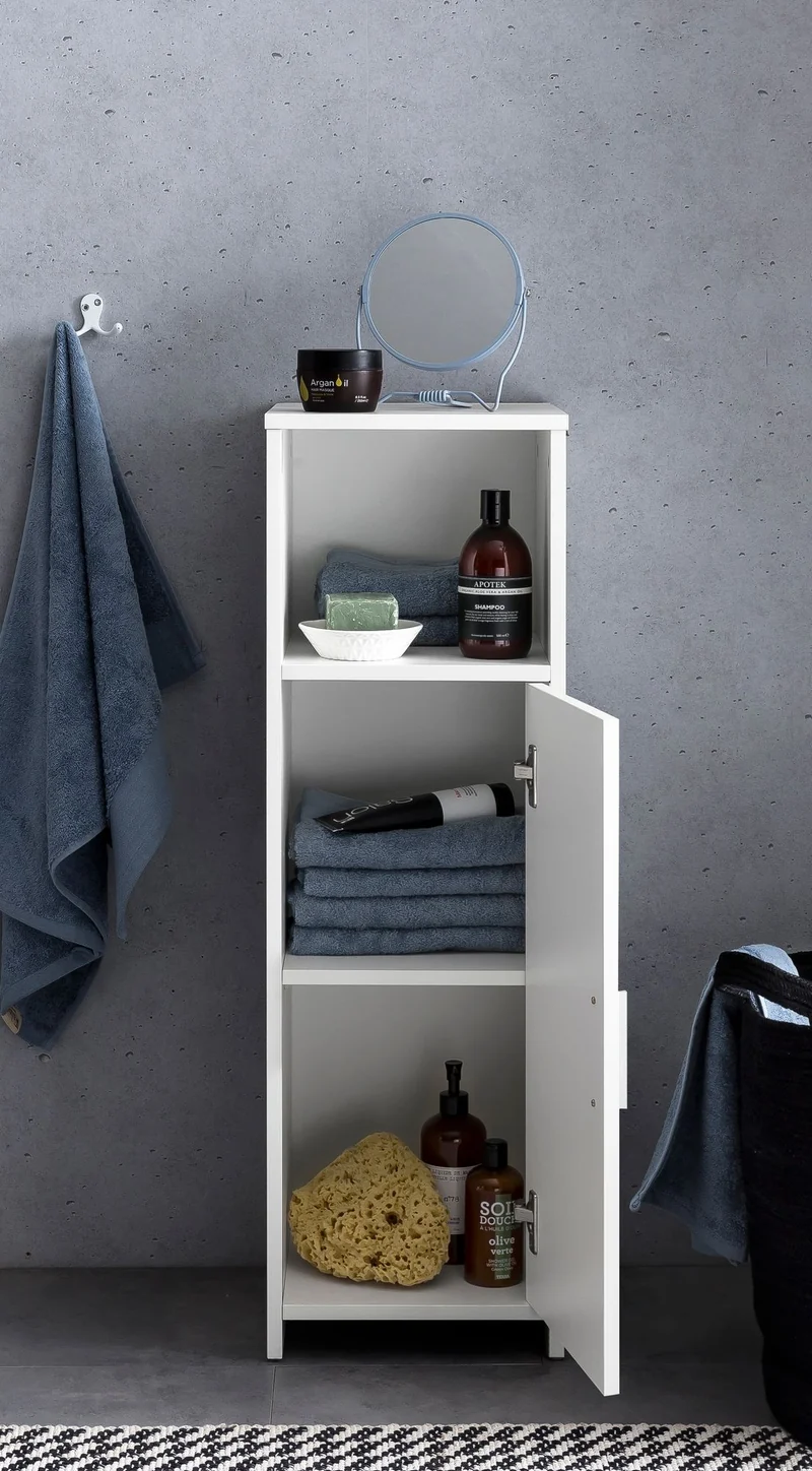 Badschrank 30x95,5x30cm Holz Weiß mit Tür & Ablagefach freistehend