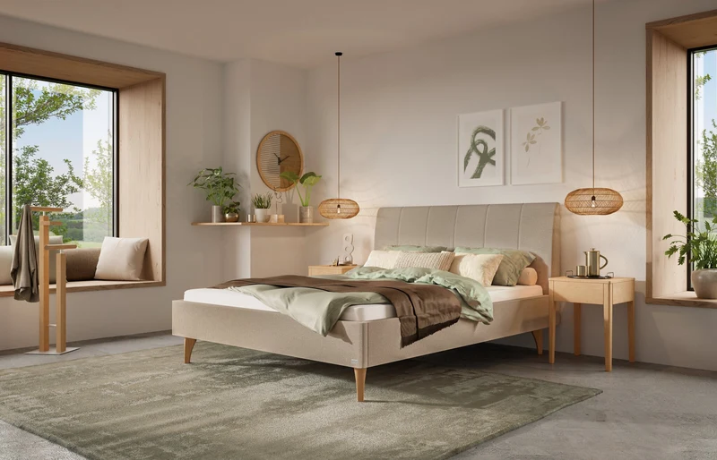 Hasena Polsterbett Renata in Eiche bright mit Bezug Pace Sand