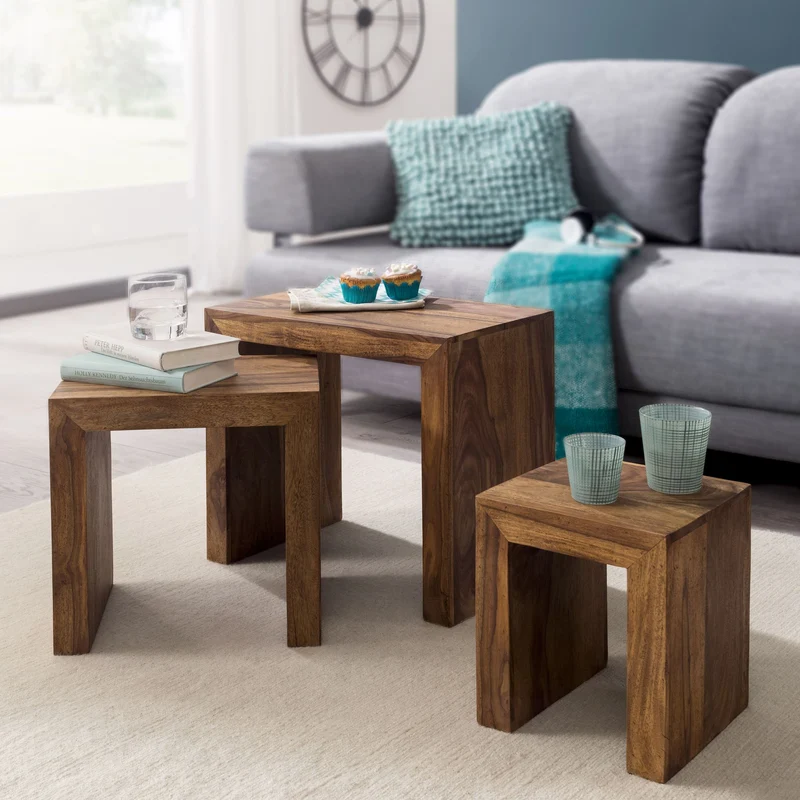 Satztisch Set 3er Sheesham Massivholz Landhausstil Dunkelbraun