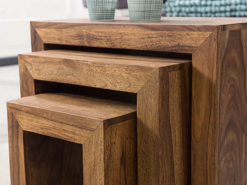Satztisch Set 3er Sheesham Massivholz Landhausstil Dunkelbraun