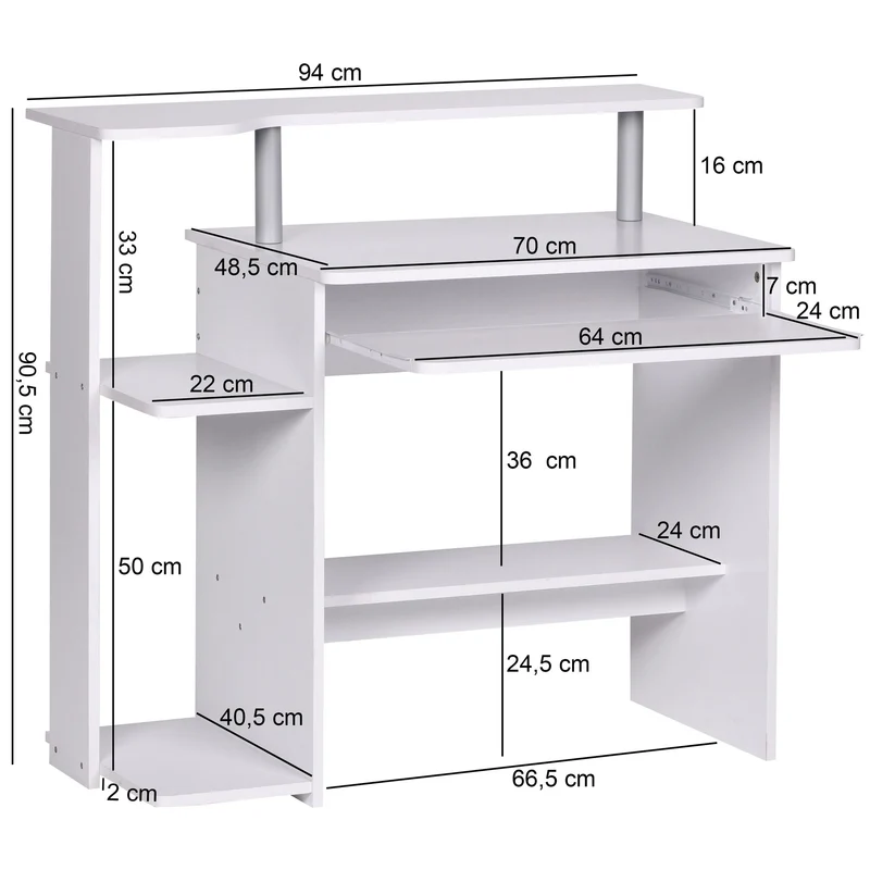 Computertisch WL1.153 Weiß 94x90,5x48,5cm mit Tastaturauszug & Ablage