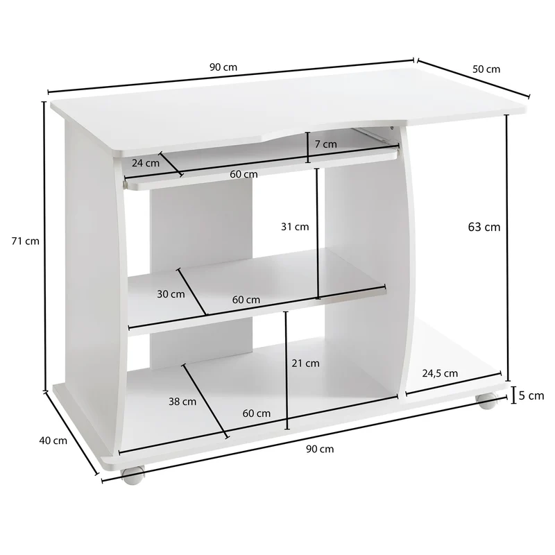 Computertisch GRASSE Weiß rollbar mit Tastaturauszug 90x71x50cm