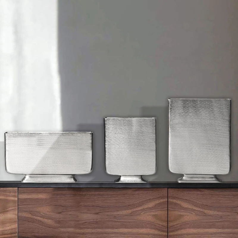 Vase 3er Set Aluminium Silber Modern Eckig Handgefertigt