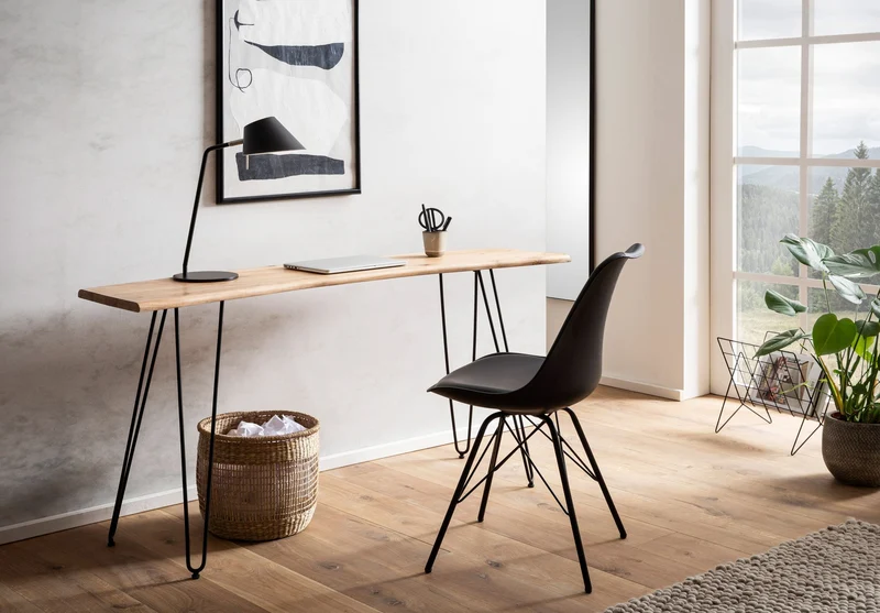 Schreibtisch 150x36x75cm Akazie Massivholz Metall Baumkante Schwarz