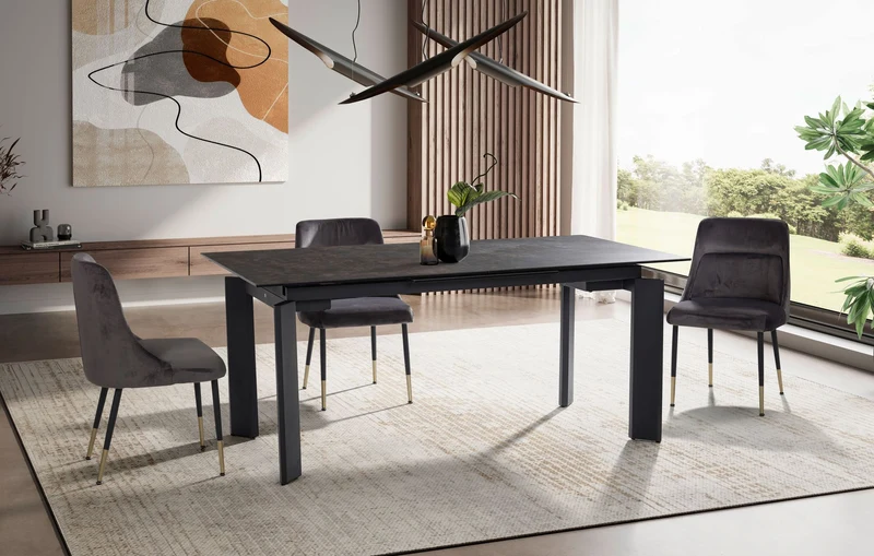 Esstisch 180-240cm ausziehbar Keramik Glas Schwarz Metallbeine