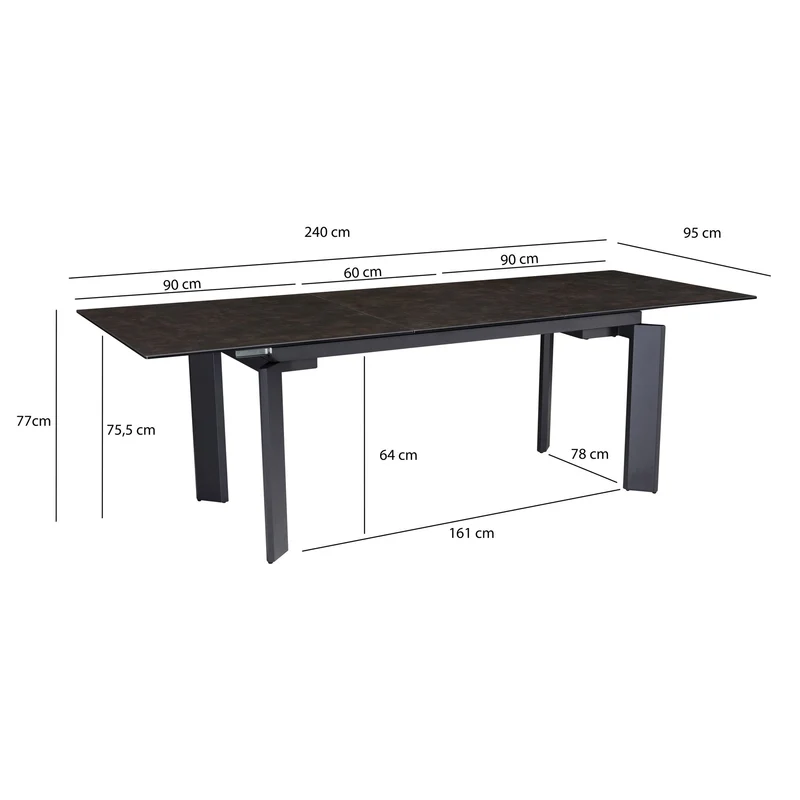 Esstisch 180-240cm ausziehbar Keramik Glas Schwarz Metallbeine