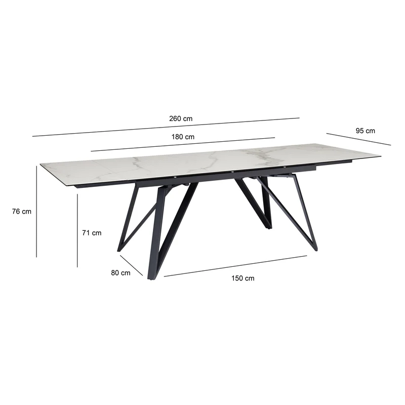Esstisch 180-260cm ausziehbar Keramik Glas Marmoroptik Weiß Metallbeine