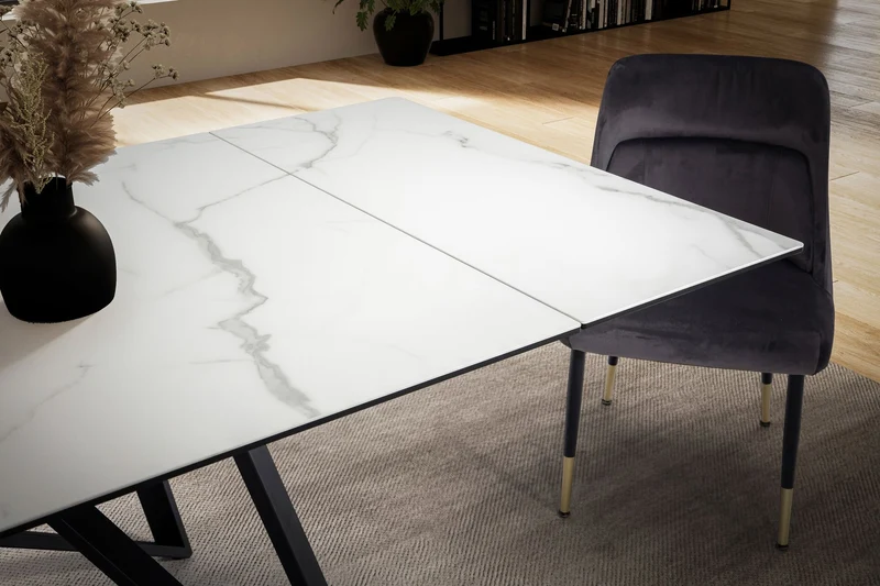Esstisch 180-260cm ausziehbar Keramik Glas Marmoroptik Weiß Metallbeine