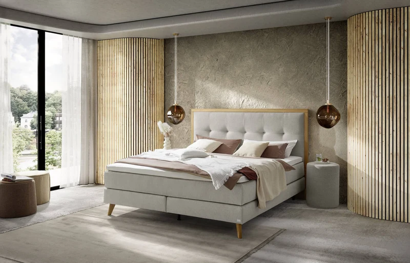 Hasena Boxspringbett Marisol Eiche bright mit wählbarem Topper, grau