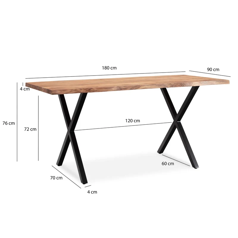 Esstisch Akazie Massivholz 180x90cm Baumkante X-Beine Schwarz