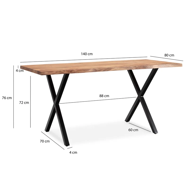 Schreibtisch 140x80x76cm Akazie Massivholz Baumkante X-Beine Schwarz