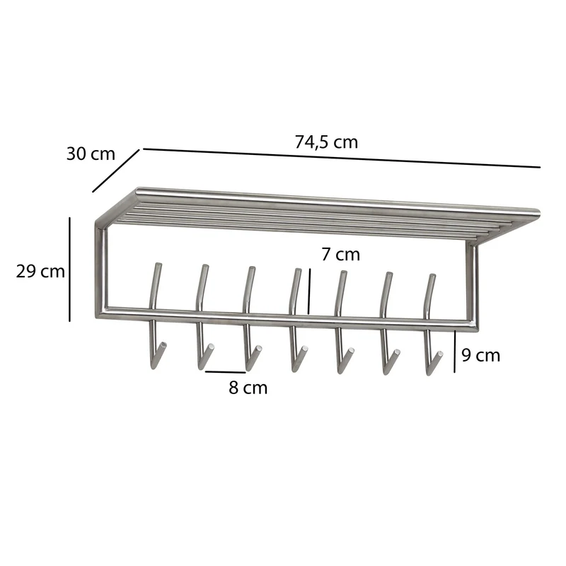 Wandgarderobe Metall Silber 74,5x29x30cm mit Ablage Hakenleiste Flur