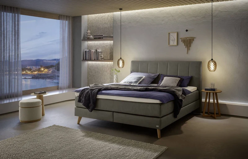 Hasena Boxspringbett Fernanda in Eiche bright mit Bezug Monet Grau/Braun