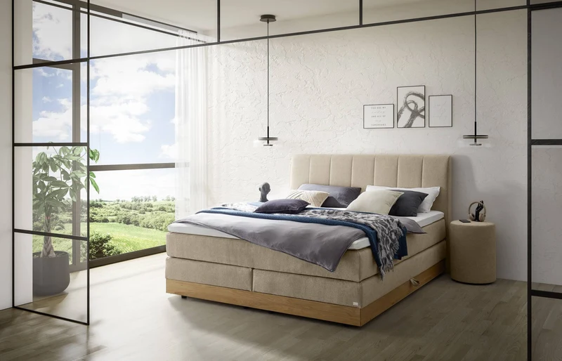 Hasena Boxspringbett Pedrosa mit Stauraum, Eiche bright geölt, Bezug sand