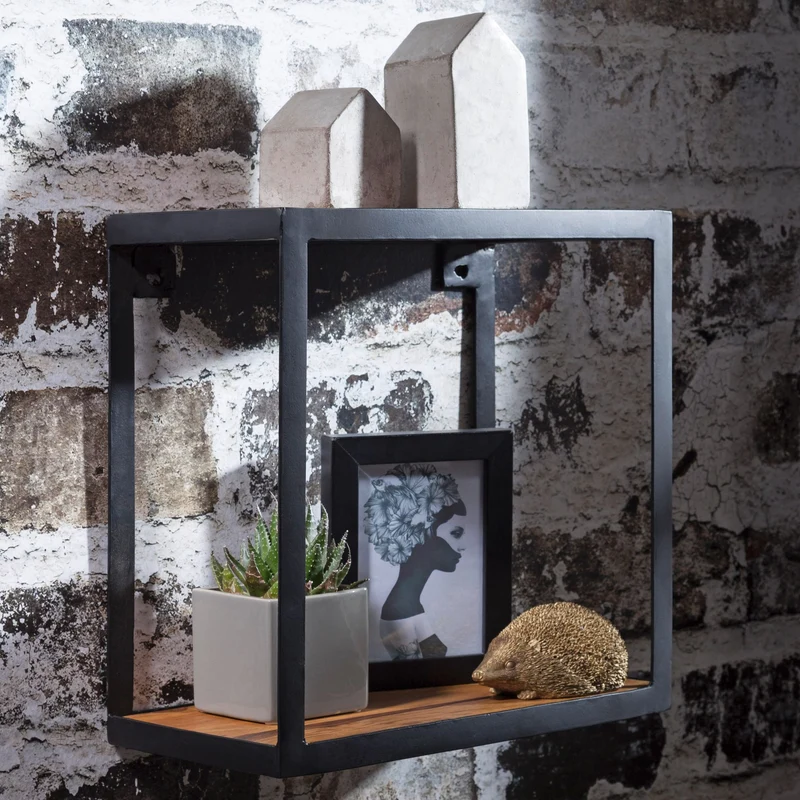 Wandregal PURI 35x35cm Sheesham Massivholz Metall Industrial