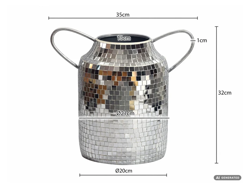 Tischvase Mosaik Silber mit Henkeln aus Aluminium im Disco-Design