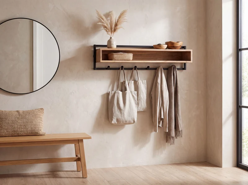 Wandgarderobe Akazie Massivholz 90 cm mit Ablage & 6 Haken, Industrial