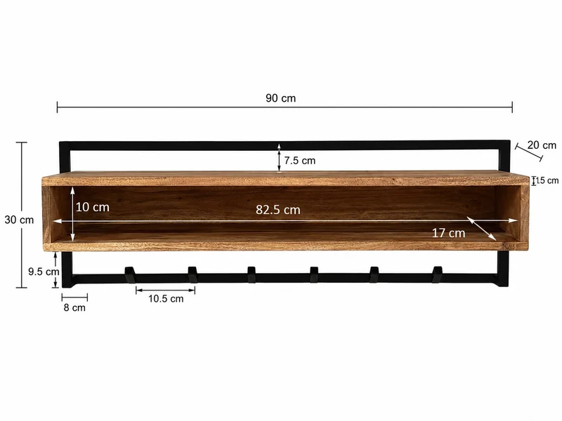 Wandgarderobe Akazie Massivholz 90 cm mit Ablage & 6 Haken, Industrial