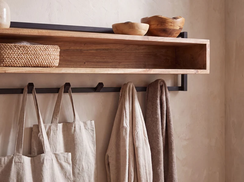 Wandgarderobe Akazie Massivholz 90 cm mit Ablage & 6 Haken, Industrial