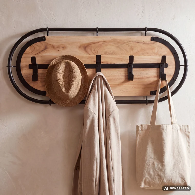 Wandgarderobe Akazie Massivholz 100 cm mit 5 Haken, Schwarz-Braun