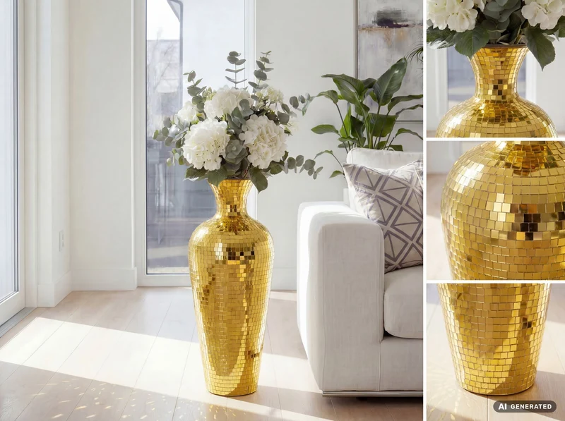 Bodenvase Mosaik Gold 70 cm aus Aluminium – Wohnling XL Standvase