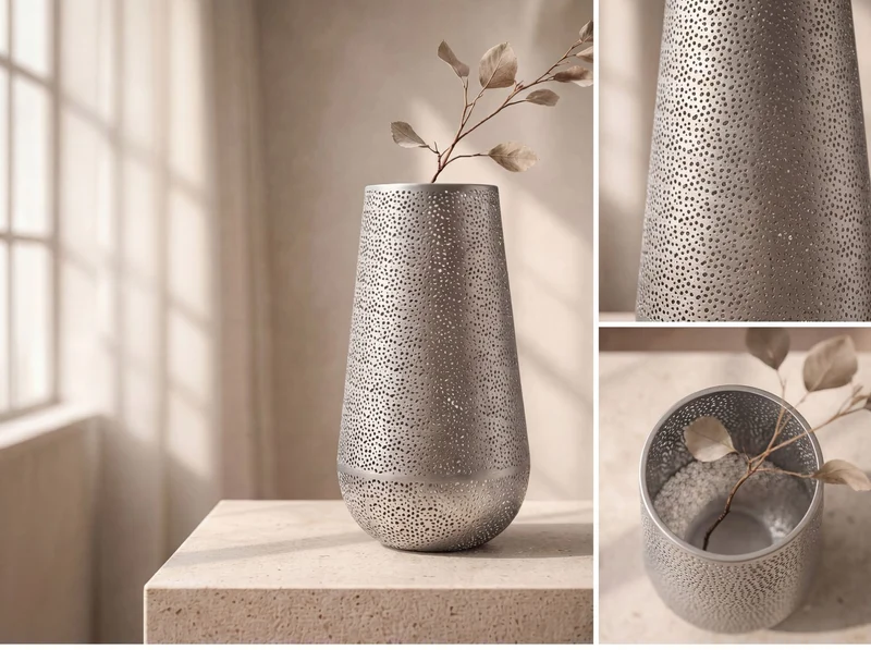 Bodenvase Metall 47 cm Silber, handgefertigte Standvase Wohnzimmer