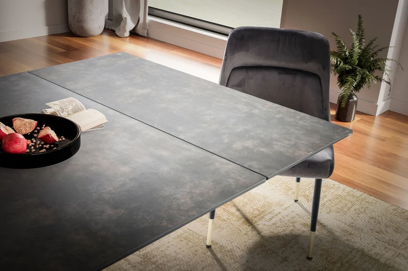 Esstisch 180-260cm Ausziehbar Keramik Glas Schwarz Metallbeine
