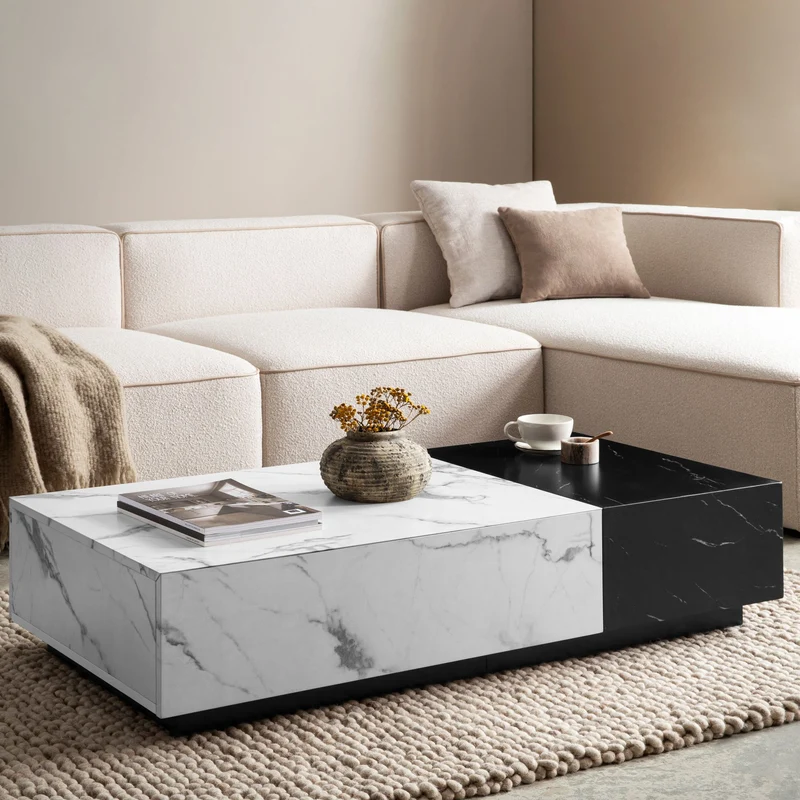 Couchtisch 120x60x28cm Marmor-Optik Weiß Schwarz mit Schubladen Modern