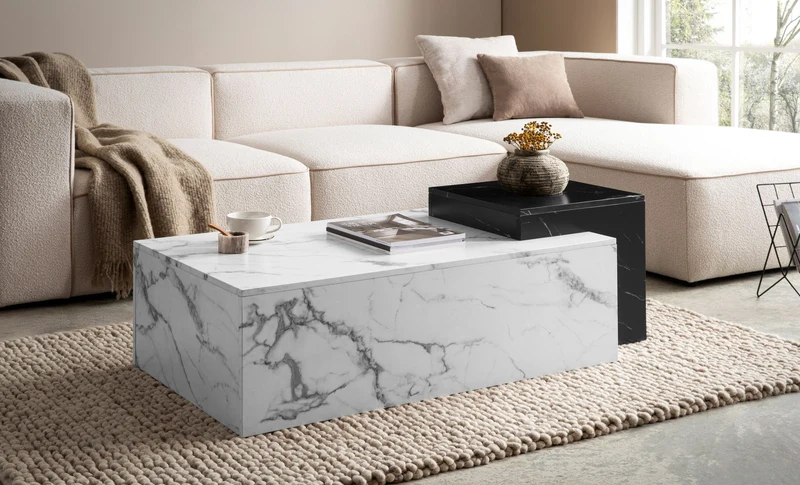 Couchtisch 120x60x40cm Marmor-Optik Weiß Schwarz Modern Rechteckig