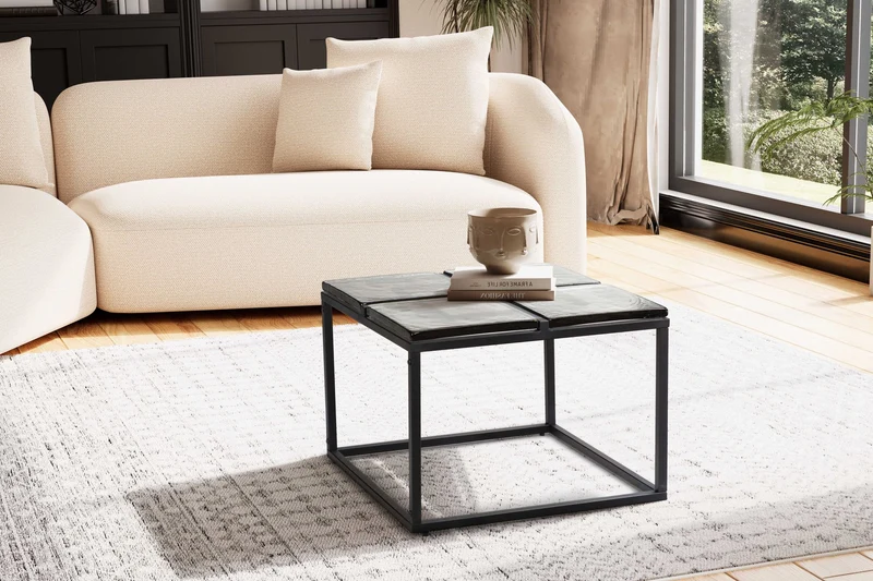 Couchtisch Glas Metall 58x58x43,5cm Schwarz Quadratisch Modern