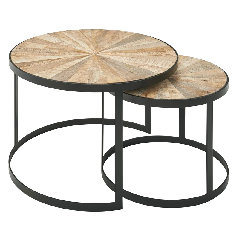 Couchtisch 2er Set Mango Massivholz Rund Metallbeine Braun Schwarz
