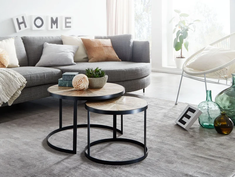 Couchtisch 2er Set Mango Massivholz Rund Metallbeine Braun Schwarz