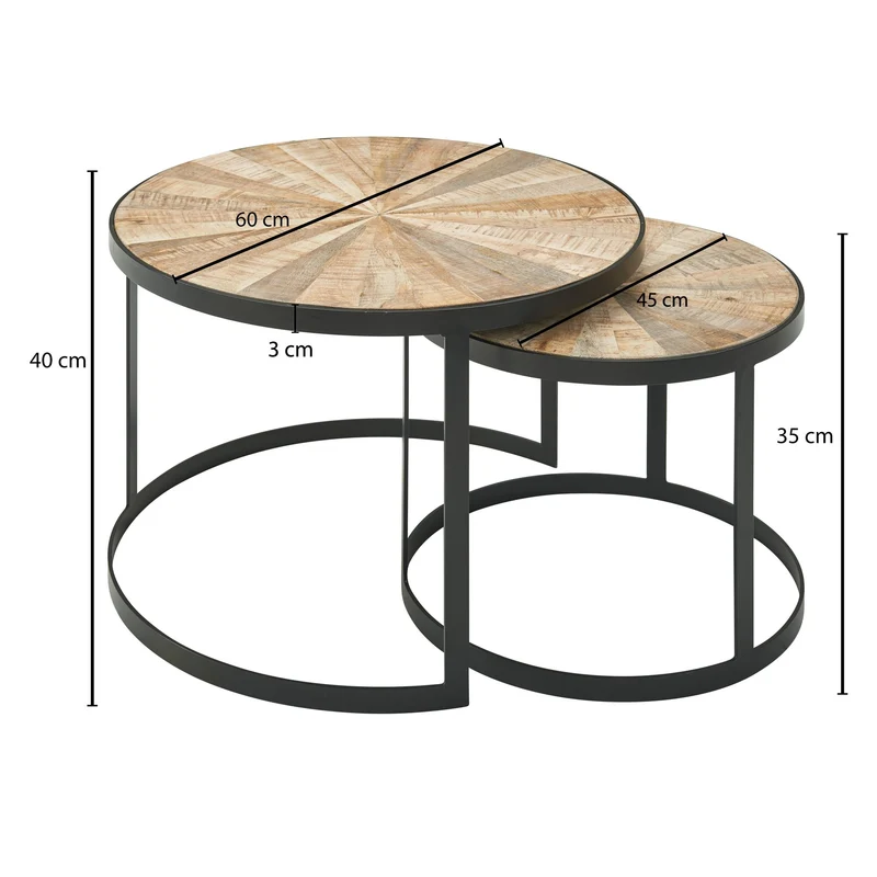 Couchtisch 2er Set Mango Massivholz Rund Metallbeine Braun Schwarz