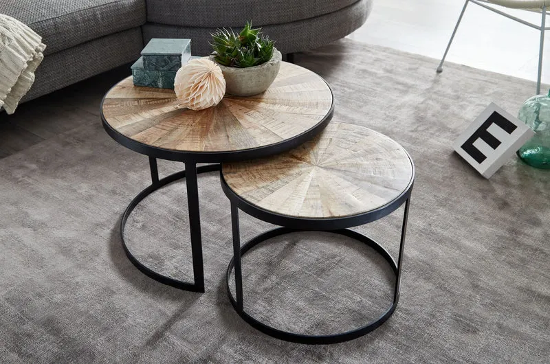 Couchtisch 2er Set Mango Massivholz Rund Metallbeine Braun Schwarz